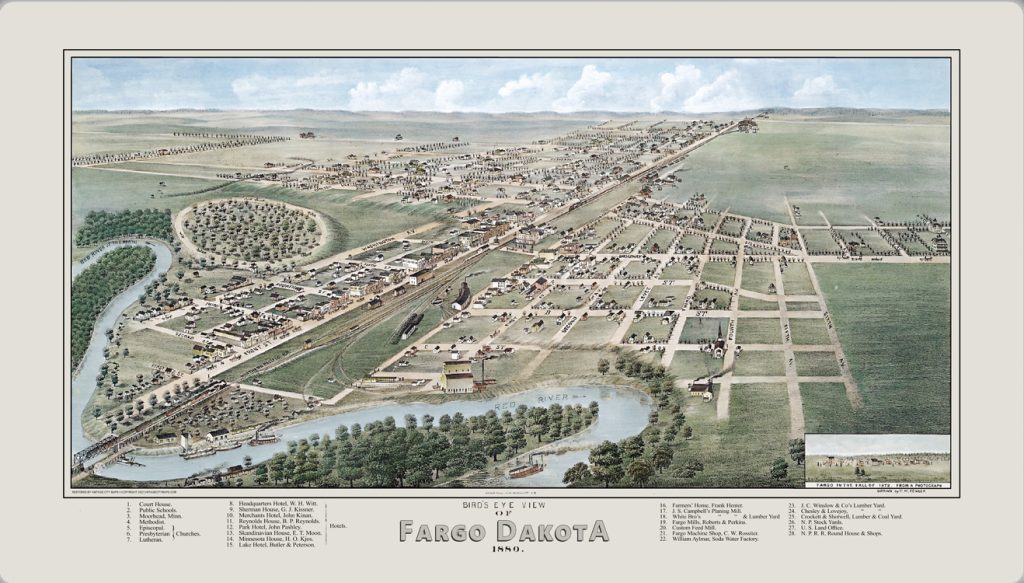 1880 Bird's Eye View of Fargo Dakota in color